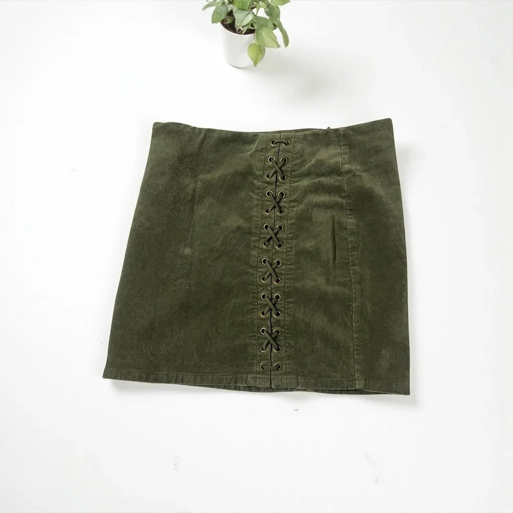 Forever 21 Olive Green Corduroy Mini Skirt Lace Up‎ Detail Casual Size M